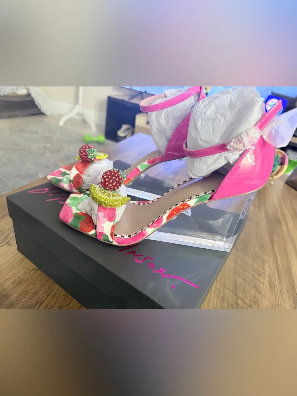 Betsey Johnson Pink Floral Beaded Fruit Ankle-Strap Heels - Picture 4 of 7